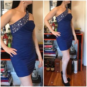 Blue ruched mini dress Sz. S sparkle rhinestones